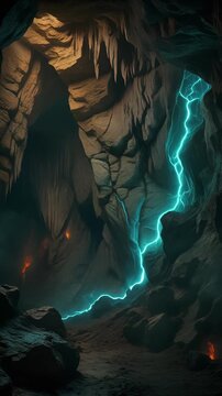 Mystical Blue Lightning Inside a Dark Cave Generative AI