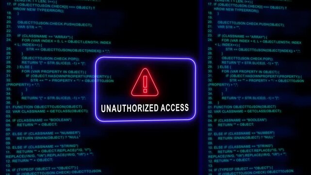 Unauthorized access warning sign on digital programming code background, cyber security breach concept, network protection and hacking alert animation