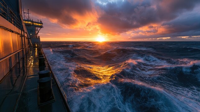 Stormy seas illuminated by a vibrant sunset from the deck of a vessel