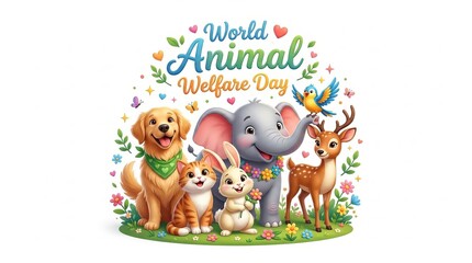 Fototapeta premium World Animal Welfare Day Illustration with Happy Animals and Colorful Nature Elements