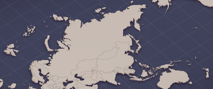 Asia and Russia Region Map 3D Cinematic Close Up Illustration in Navy Blue with Grid Lines. Artistic representation, not intended for precise geographic reference.
