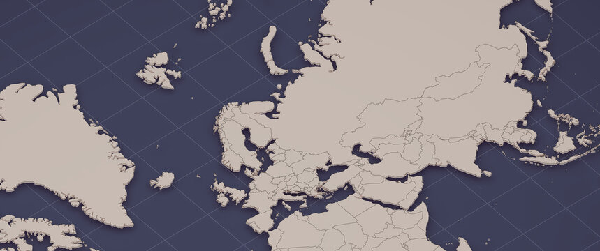 Europe North Africa and Middle East Region Map 3D Cinematic Close Up Illustration in Navy Blue with Grid Lines. Artistic representation, not intended for precise geographic reference.