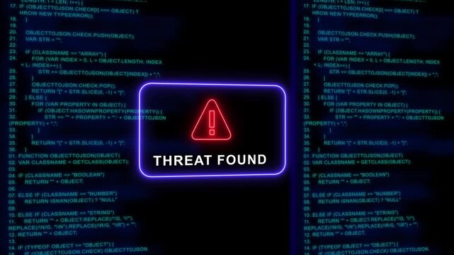Cyber security alert: threat found warning sign over digital programming code background, for network protection, and data breach concepts