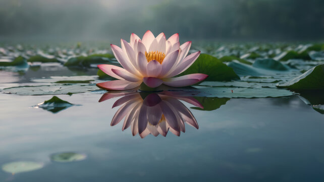 Lotus flower floating on still water, soft reflection and misty pond scene