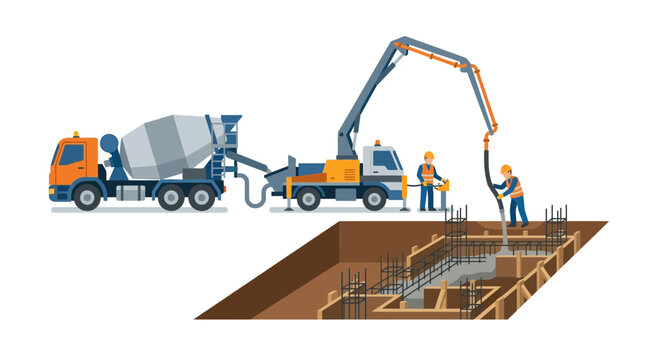 Concrete pump truck pouring foundation at construction site