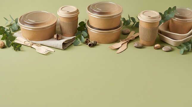 Eco Friendly Disposable Tableware and Food Containers on Green Background.