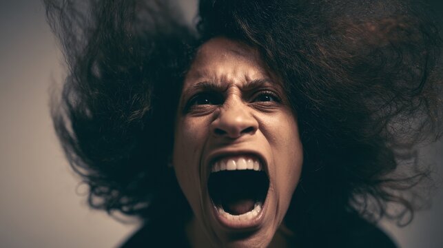 Portrait of a person with wild curly hair expressing intense anger or frustration with an open mouth and furrowed brow against a neutral background
