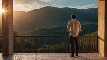 Fototapeta premium Mountain view, man, balcony, sunset, back view