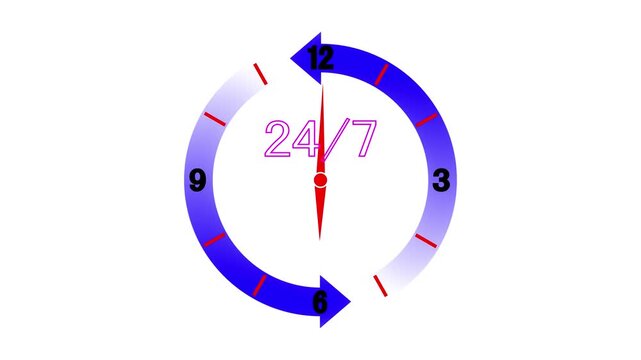 Abstract neon line Clock 24 hours icon on dark background. All day cyclic icon. 24 hours service symbol. 24 hours a day and 7 days a week animation on dark background. Clock 24 hours simple concept.