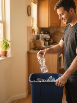 Man Responsibly Sorting Plastic Bottle Waste into a Recycling Bin within a Warm Domestic Kitchen Setting