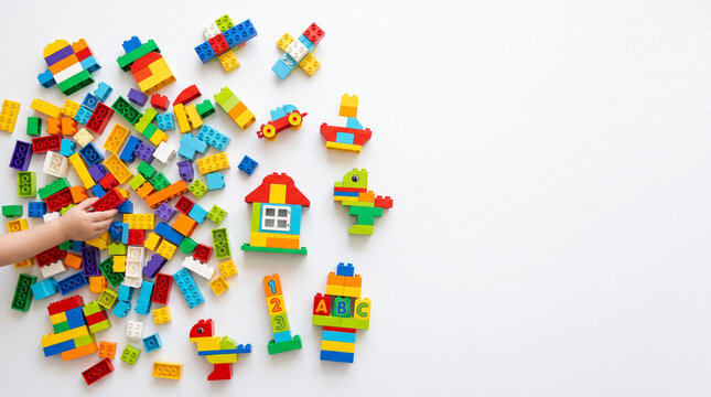 Top view of a child's hand assembling colorful plastic building blocks on white background with a toy house, car, and alphabet bricks, featuring negative space on the right.