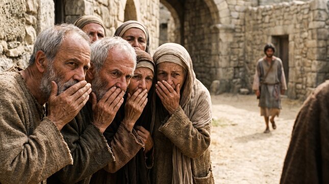 Ancient villagers cover their mouths in shock and gossip as Jesus Christ walks down a stone street in Nazareth.