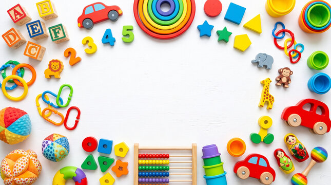 Flat lay of colorful children's educational toys including wooden alphabet blocks, numbers, cars, stacking rings, abacus, animal figures, and shapes arranged as a frame on white.