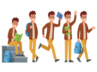 Obraz premium Male student character set in various poses for educational and back-to-school designs