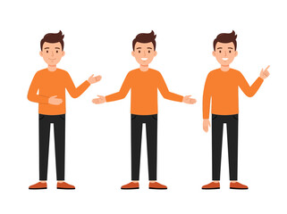 Fototapeta premium Flat Vector Character Set of Man in Orange Shirt Presenting and Pointing