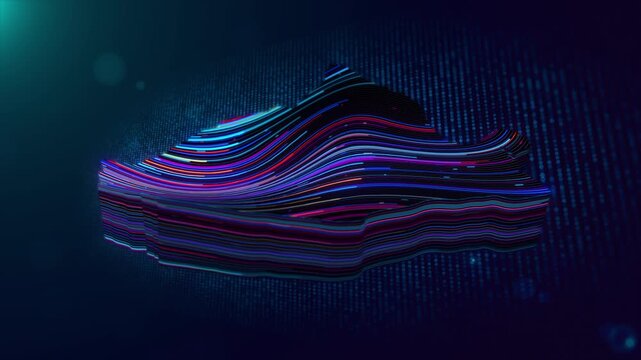 Animated Romania map visualization with colorful flowing lines, glowing particles, blue digital grid textures, atmospheric lighting, dimensional depth, and a dynamic futuristic technology aesthetic.