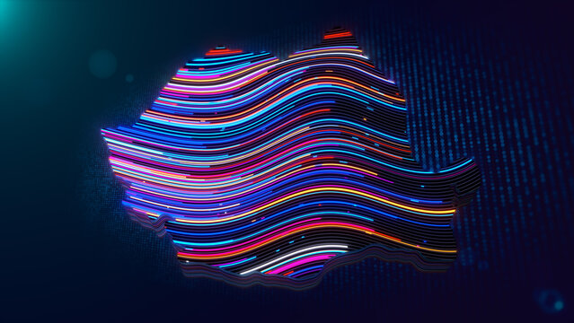 Abstract Romania map visualization with colorful flowing neon lines, glowing particles, digital grid textures, atmospheric depth, and futuristic lighting on a dark technological background.