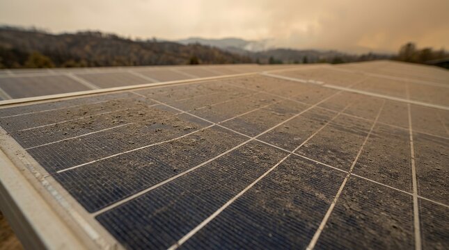 Solar panel covered in wildfire ash. Renewable energy efficiency loss during smoke haze.