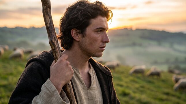 Young David holding a wooden shepherd staff looks across a misty green valley with a flock of sheep at sunrise in Bethlehem.