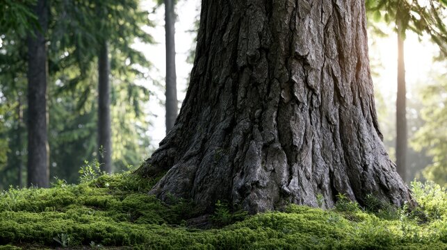 Majestic broad tree trunk surrounded by vibrant green moss and delicate plants in a sunlit peaceful forest environment during early morning light