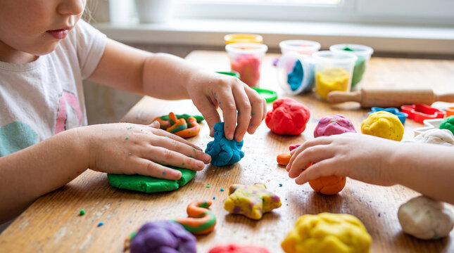 Close-up of young children's hands molding and shaping colorful modeling clay on a wooden table. Indoor creative activity featuring various bright clay colors and sculpting tools.