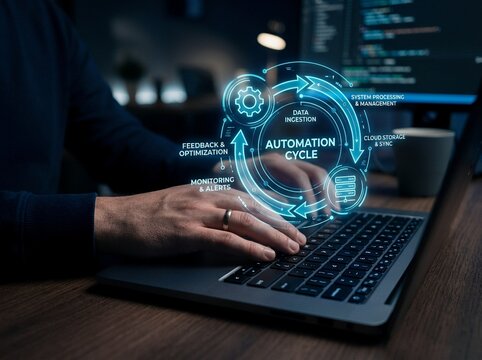 Hand using laptop showing automation cycle