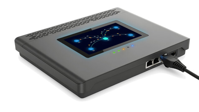 A close-up of an SD-WAN (Software-Defined Wide Area Network) router, a display showing a visualization of optimized traffic, no text, high details, PNG, background.