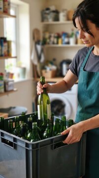 A woman diligently sorting empty glass wine bottles into a crate