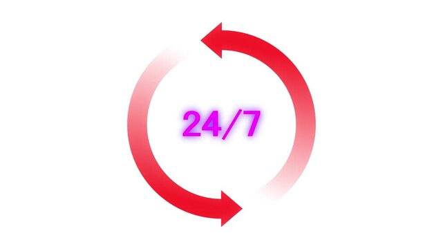 24 by 7 neon animation. Time clock animated icon glow effect. Scaling digits. Equation math, stopwatch. Service, watch. Dynamic overlay on white background. HD video with alpha channel. Motion graphic