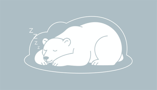 Cute sleeping polar bear drawn with white outlines resting peacefully on ice against a soft blue background.