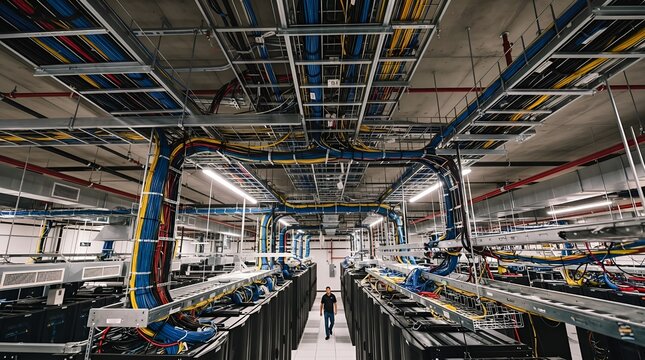 Technician walking through modern data center facility under complex overhead cable management infrastructure systems