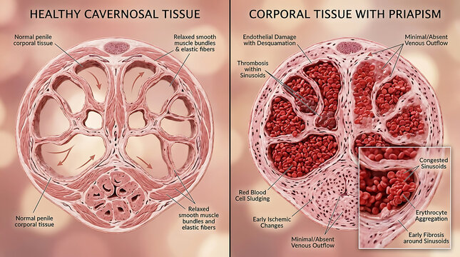 Healthy Penile Corporal Sinusoids Versus Priapism Engorged Sinusoids and Thrombosis