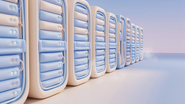 Futuristic cloud server architecture with neumorphic 3D racks on pastel gradient