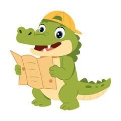 Fototapeta premium A green crocodile wearing a yellow cap reads a folded map, presenting an adventurous reptile mascot prepared for exploration in a playful cartoon style.