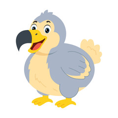A cheerful gray dodo stands with a large dark beak and small wings, presenting a friendly extinct bird mascot in a bright and playful cartoon character style. © SmashingStocks
