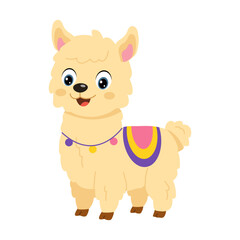 Naklejka premium A fluffy cream llama stands calmly in a colorful decorative blanket, presenting a gentle farm animal mascot with a sweet and cheerful cartoon expression.