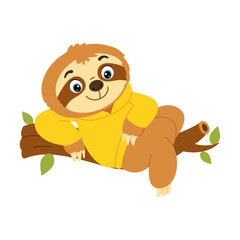 Naklejka premium A relaxed brown sloth lies across a leafy tree branch in a yellow shirt, presenting a calm tropical animal mascot with a cute and playful cartoon look.