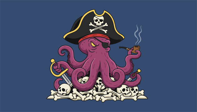 Pirate octopus character wearing a hat with skull and crossbones is sitting on a pile of bones while holding a cutlass sword.