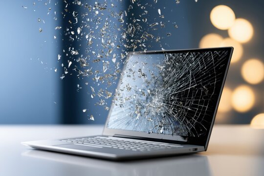Laptop screen shattering with flying glass fragments against a blurred background symbolizing digital destruction and technology disruption