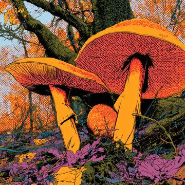 Mushrooms grow in a colorful forest scene. Bright colors and patterns highlight the natural shapes. The forest shows autumn leaves and trees.