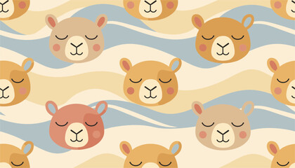 Naklejka premium Cozy vector repeat pattern of cute sleeping llamas and alpacas on a warm yellow and soft blue wavy background design.