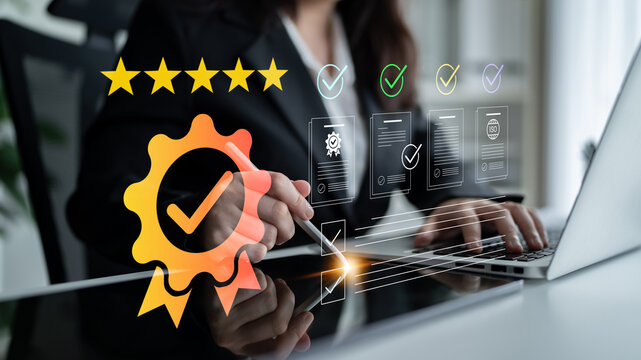 A professional woman uses a laptop to assess quality and performance metrics, surrounded by visual graphics representing evaluation and success in a modern office setting. Cyphers