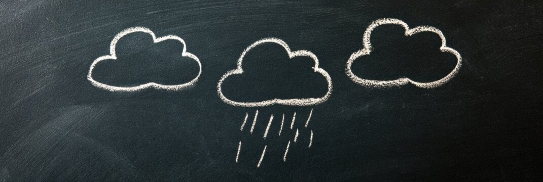 Chalk art displays clouds with rain lines on a blackboard, adding a rustic touch to a unique artistic space.