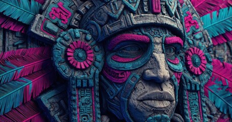 Obraz premium Aztec deity statue with colorful feathers and intricate design elements