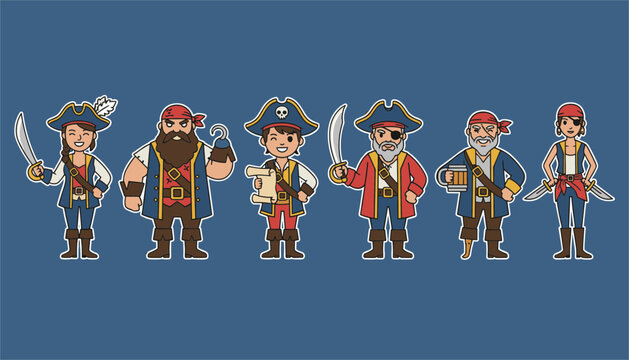 Diverse group of pirate characters standing together in cartoon style featuring captains, sailors with hook, map, and cutlass swords.