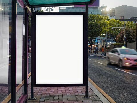 Blank white Banner Media Advertisement Bus stop City street Mock up board template