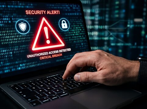 Hand typing on laptop showing security breach alert