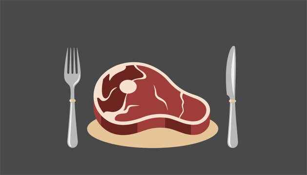 Fresh juicy beef steak served on a plate with fork and knife utensils against a dark grey background in flat graphic style.