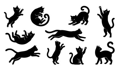 Naklejka premium Playful cat silhouette vector set, jumping running and cute kitten poses isolated