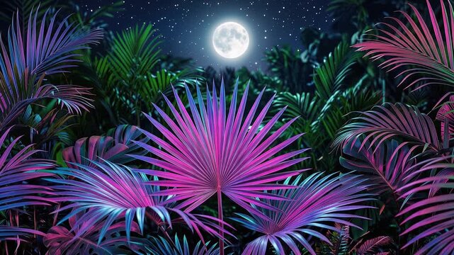 Tropical palm leaves illuminated by vibrant neon lighting beneath a glowing full moon, exotic nighttime, 4K video